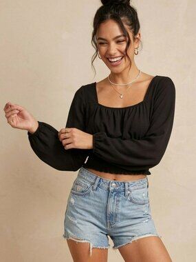 ROMWE Black Smocked Long Sleeve Crop Top - Size L